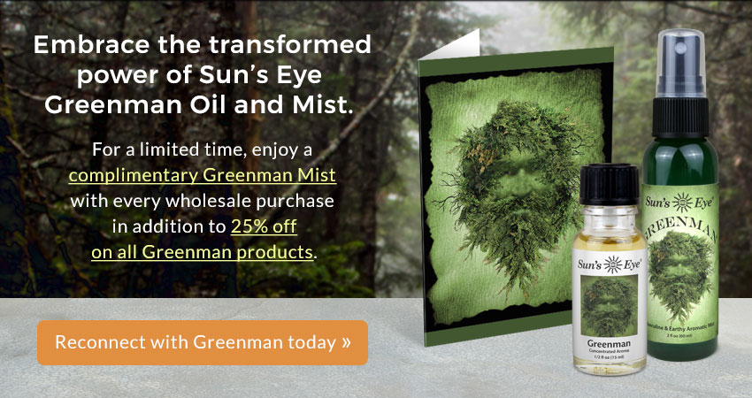 Embrace the transformed power of Sun’s Eye Greenman Oil and Mist. For a limited time, enjoy a complimentary Greenman Mist with every wholesale purchase in addition to 25% off on all Greenman products. Reconnect with Greenman Today!